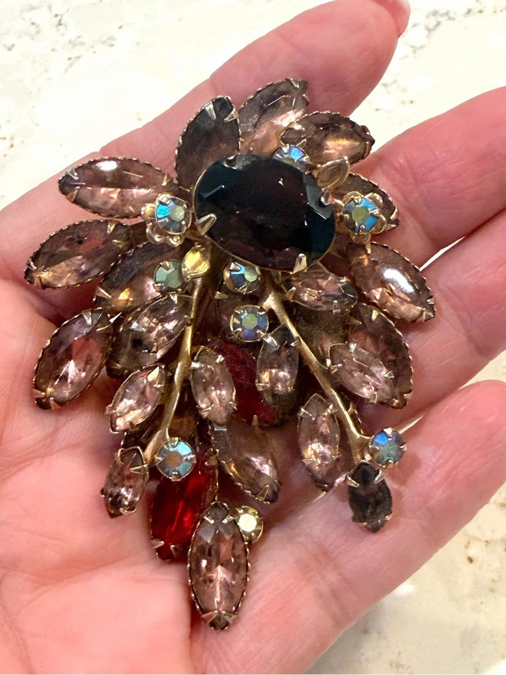 VTG 50s Austrian Open Rivet Statement Brooch Purple Ruby Rhinestone Flower Pin